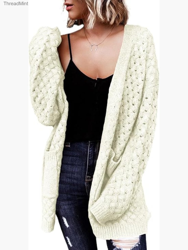 Open Front Chunky Cable Knit Cardigan With Pockets